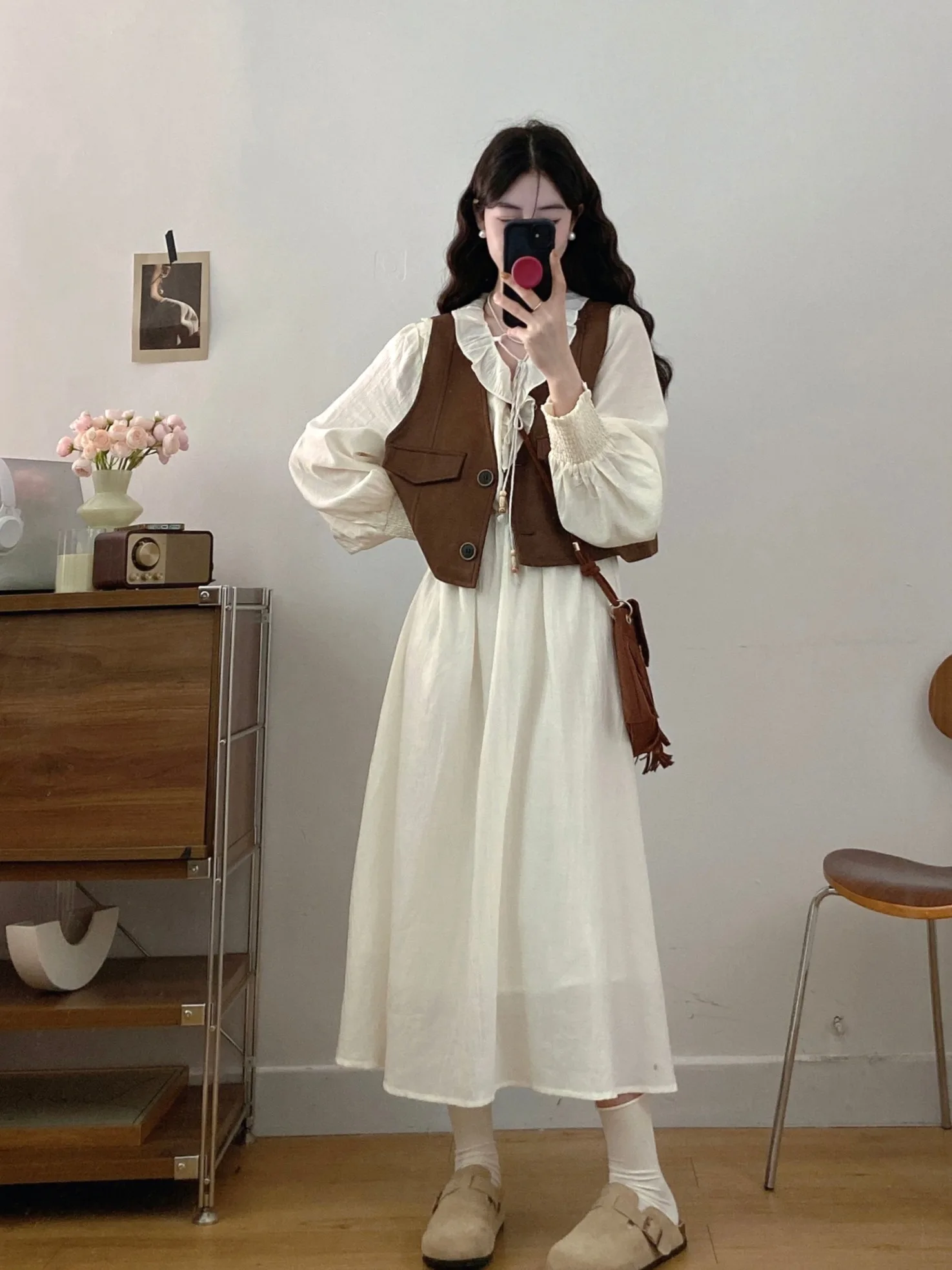 

plus Size Women's Vintage Layered Vest Top And Dr Set Autumn New Waist Cinching V-Ne Dr High Waist A-Line Skirt