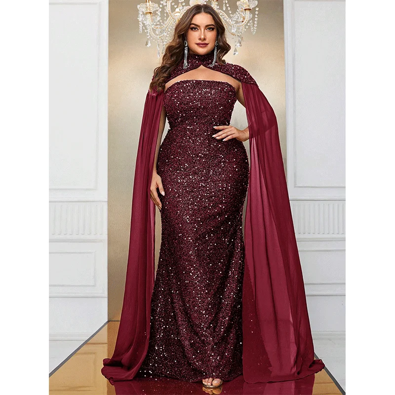 Plus Size Luxurious Strapless Cape Wedding Shiny Long Evening Gown 5XL6XL Big Size Banquet Festive Sequin Prom Dress for Women