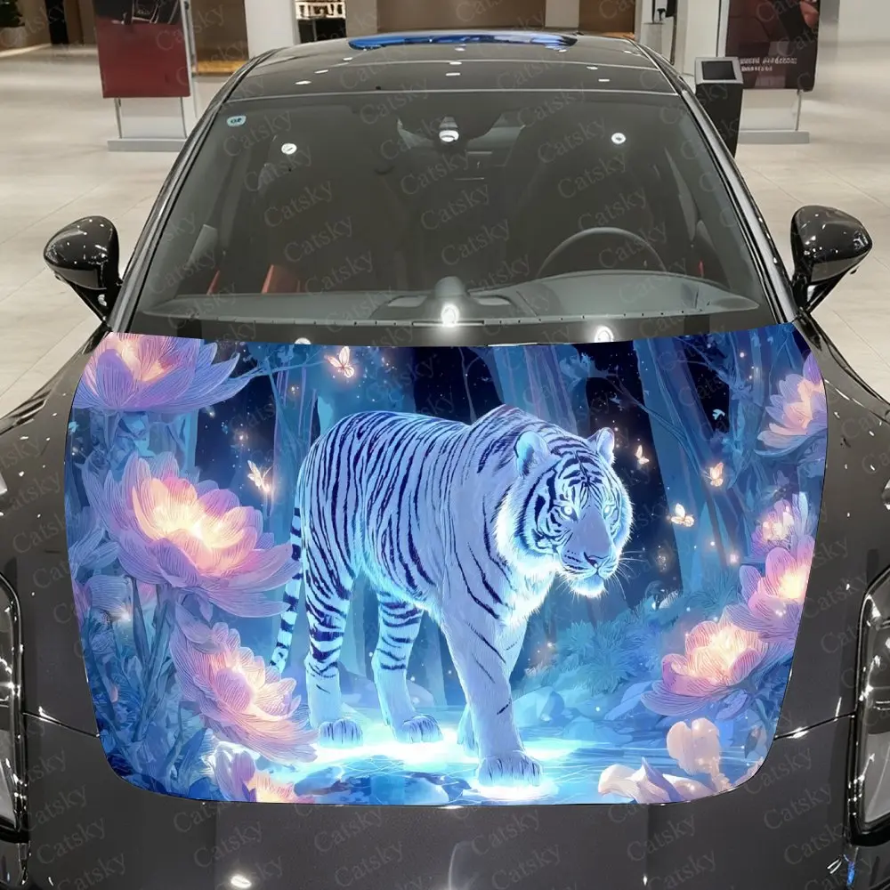 

Glowing Color Flower Realm & Icy Stripe Snow Tiger Car Vinyl Wrap, PVC Material Waterproof Car Hood Sticker, Self-Adhesive Scrat