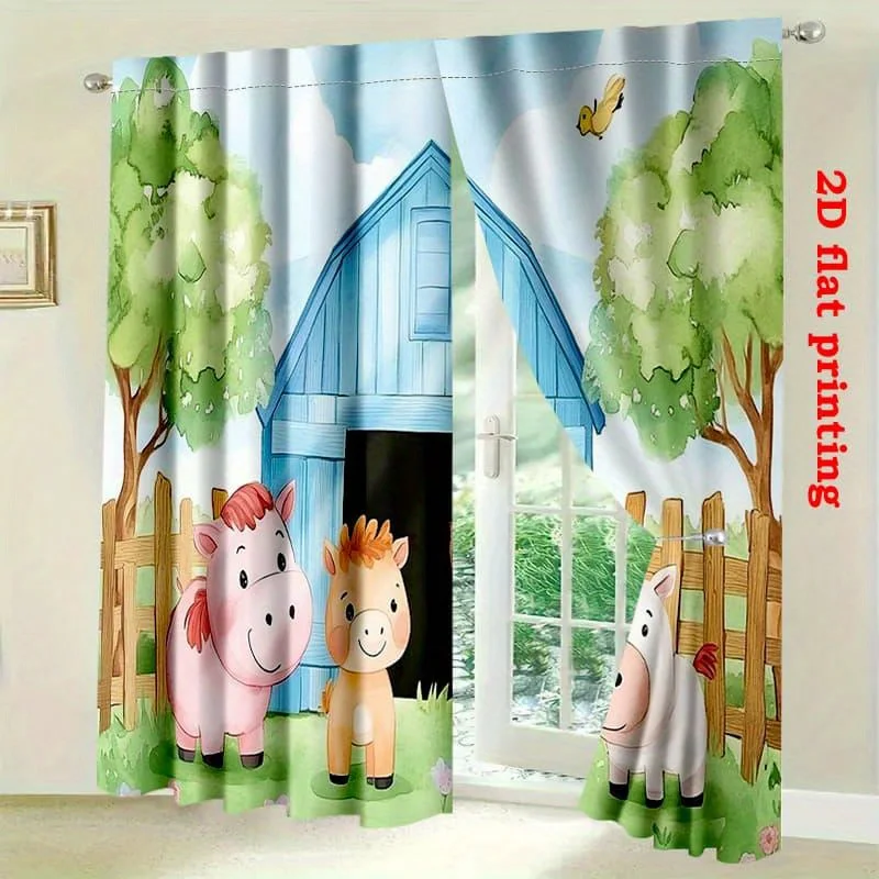 Farm Animals Curtain, Cute Cartoon Horse Cow Print Drape, Pastoral Kids Room Window Treatment for Nursery Bedroom Home Decor