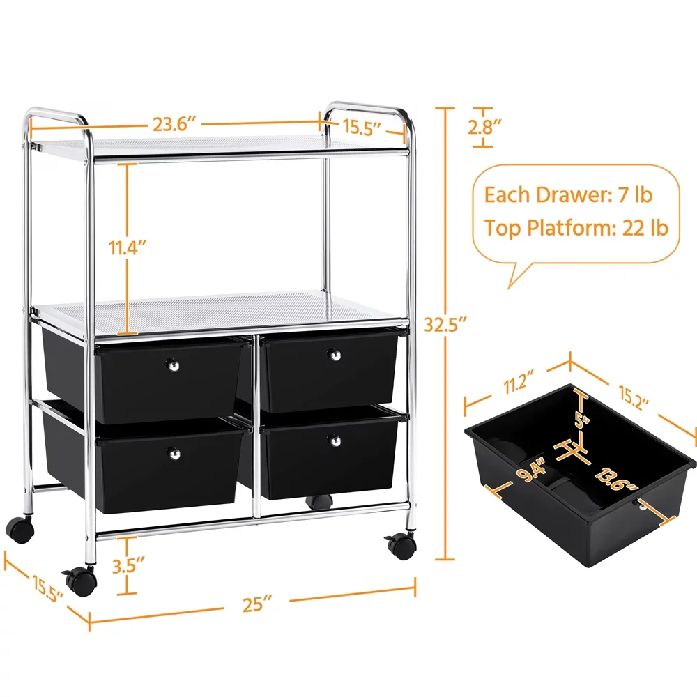 Rolling Storage Cart with 4 Drawers & 2 Shelves Storage Trolley on Wheels for Home Office School Salon, Black Filing