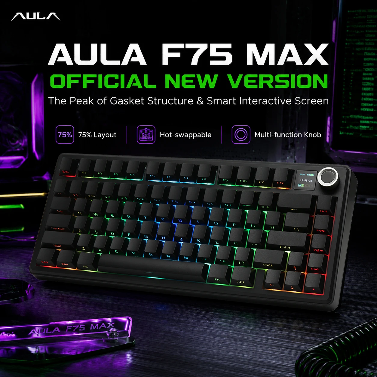 AULA F75 Max/F75 Mechanical Keyboard Custom 75% Layout RGB Backlight Wireless Bluetooth Gaming Keyboard With Screen And Knob
