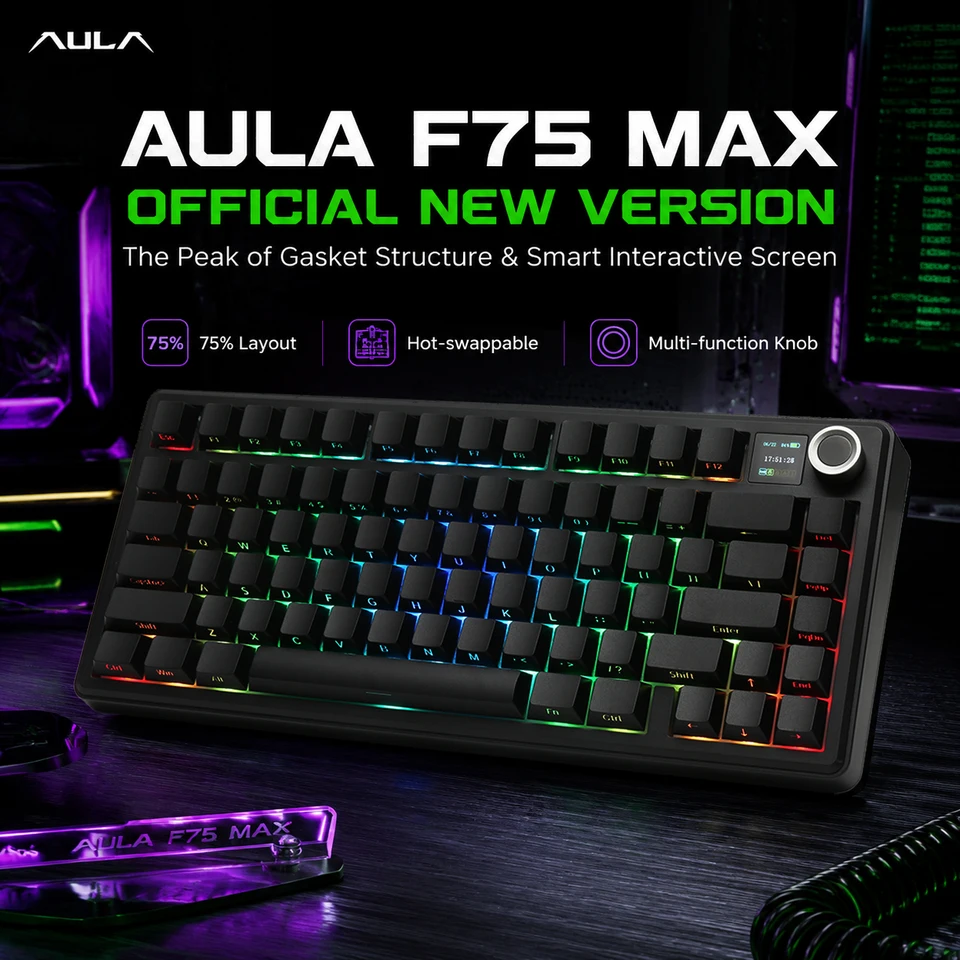 AULA F75 Max/F75 기계식 키보드 커스텀 75% 레이아웃 RGB 백라이트 무선 블루투스 게이밍 키보드 (스크린 및 노브 포함)