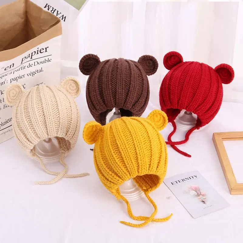 Infants and young children in the fall and winter warm hat cartoon bear ears knitted hat baby children ear protection woolen cap