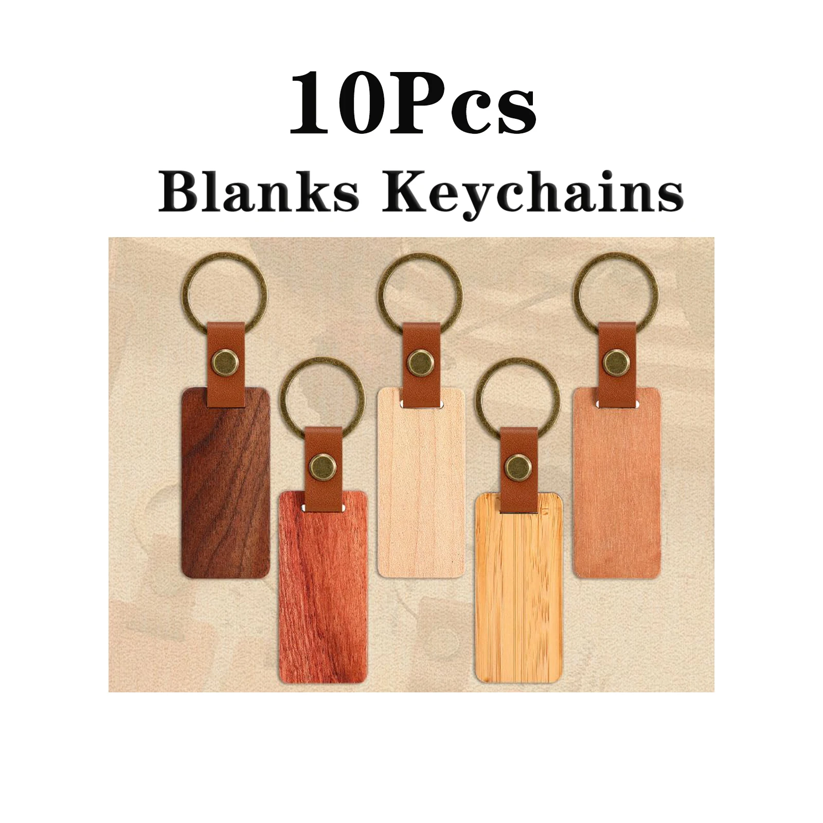 10-100Pcs Blanks Wooden Keychain 5 Colors Rectangle Wood Key Chain with Leather Strap Unfinished Keyrings Gifts for Dad image 3