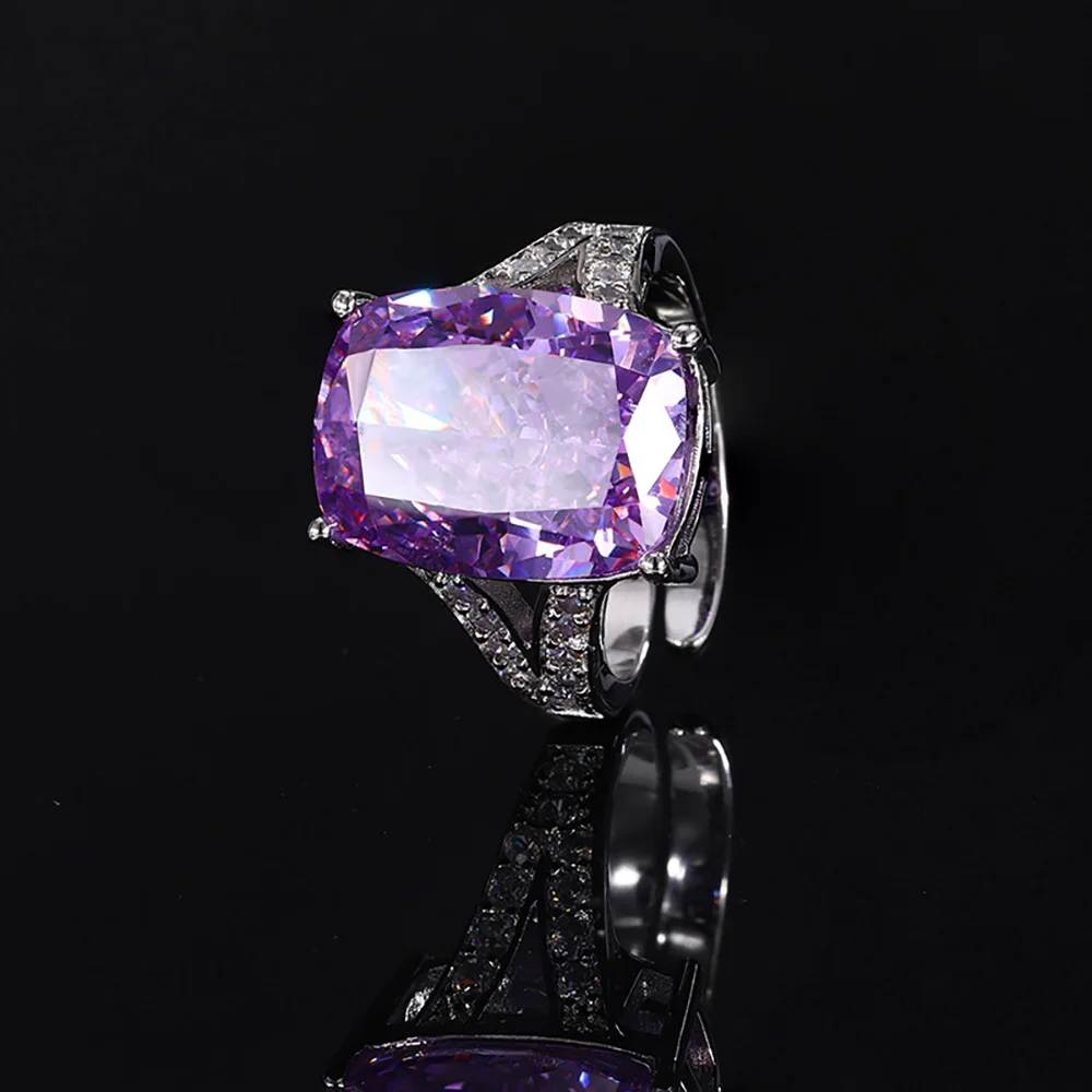 2024 Trend Iced Cut 12*16MM Topaz Amethyst Pink Quartz Ring Gemstone Lab Diamond Ring for Women Cocktail Party Fine Jewelry Gift