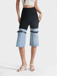 Pantalone al ginocchio in Denim Patchwork per donna cinture impiombate a vita alta pantaloni larghi casuali a gamba larga abbigliamento moda femminile nuovo