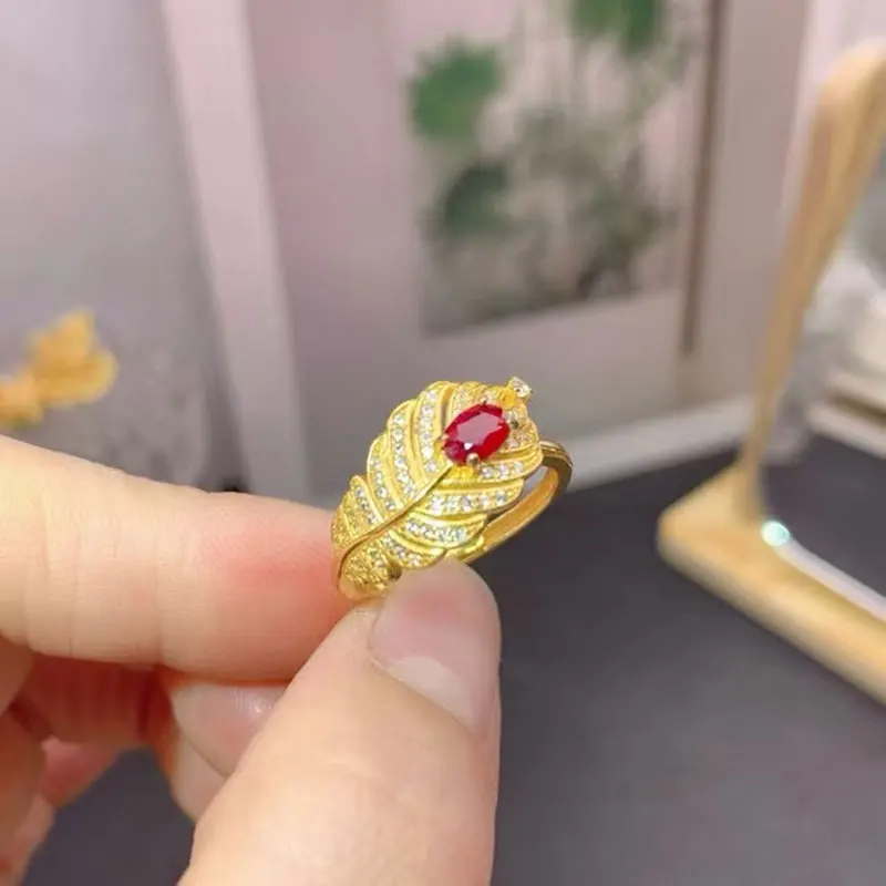 

Pure 925 Silver Feather Ring for Vacation 4mm*6mm 0.5ct Natural Ruby Ring 18K Gold Plated Ruby Jewelry From Myanmar