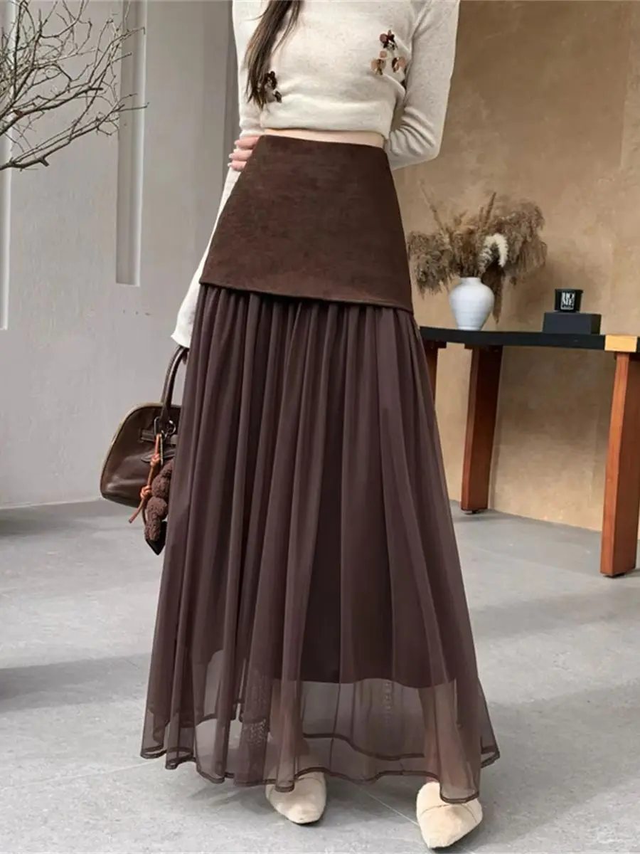 Fall Winter High-Waisted Slimming Long A-Line Skirt For Women Vintage Suede and Tulle Splice Fake Two Piece Pleated Full Skirt