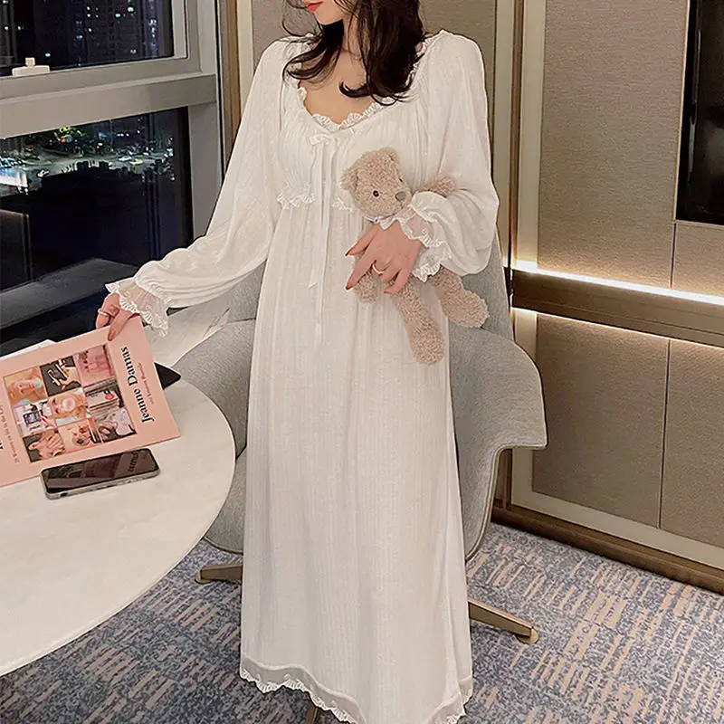 Women Nightgowns Lacework Gentle Nightie Square Collar Retro Elegant Draped Calf-length Sleepwear Cozy Long Sleeve Nightdress