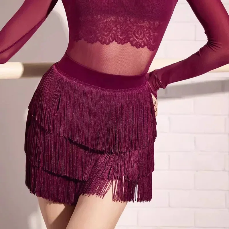 Jupe de danse latine pour femmes, jupe courte à franges pour adultes, Costume de scène d'entraînement, jupe à trois couches, vêtements de danse Chacha