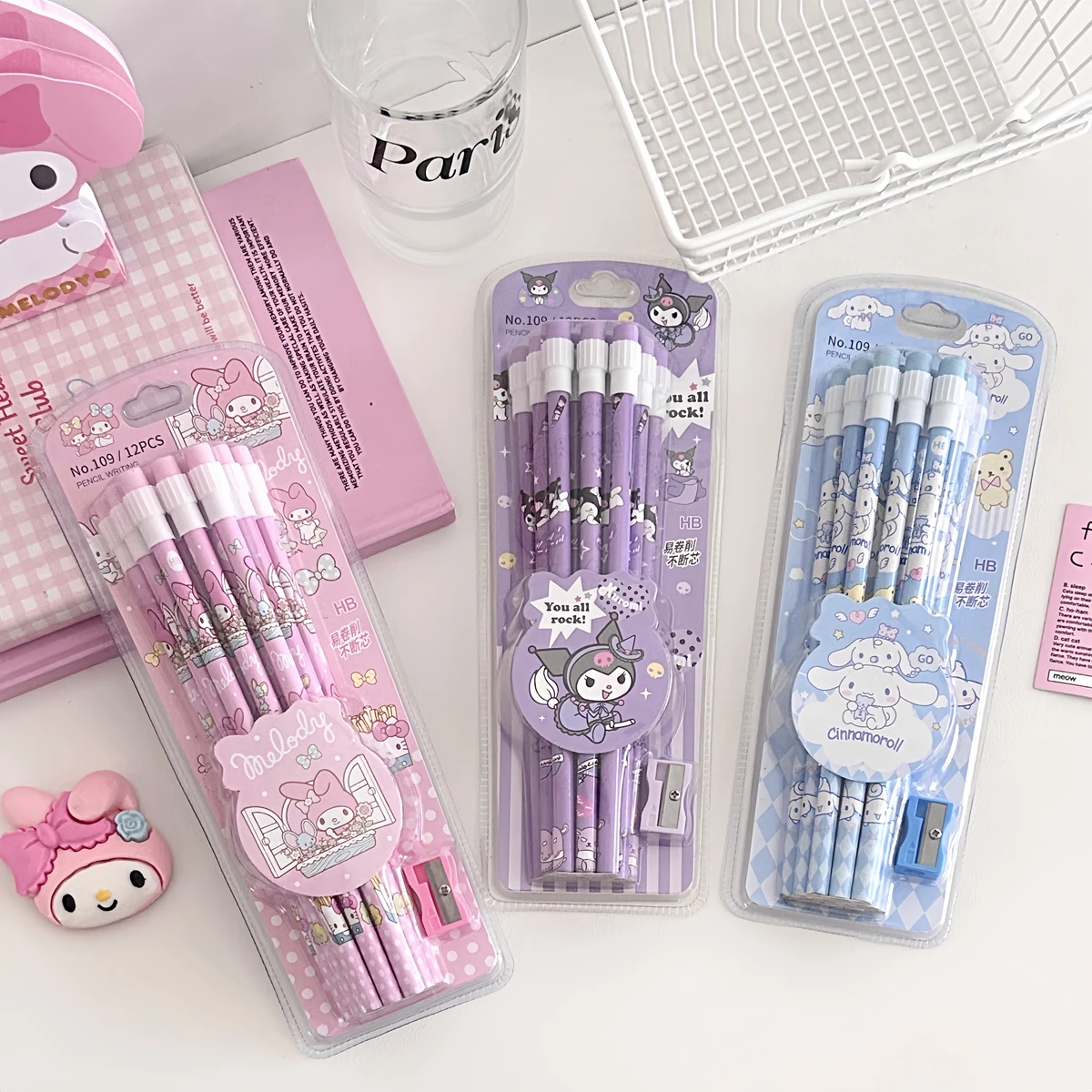 Sanrio Kuromi Cinnamoroll 12Pcs Kawaii Cartoon Hb Pencils 12 Pencils 1 Pencil Roller Stationery Box Set Writing Draw Stationery