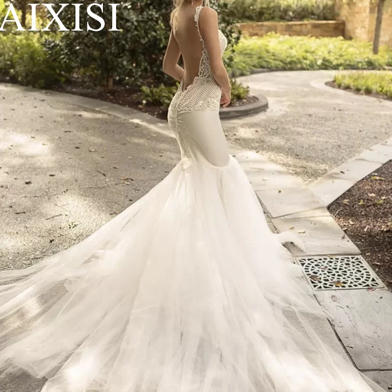 Abito da sposa di lusso Appliques di pizzo bohémien Vestidos De Novia Robe de marie Mermaid senza maniche senza schienale senza spalline