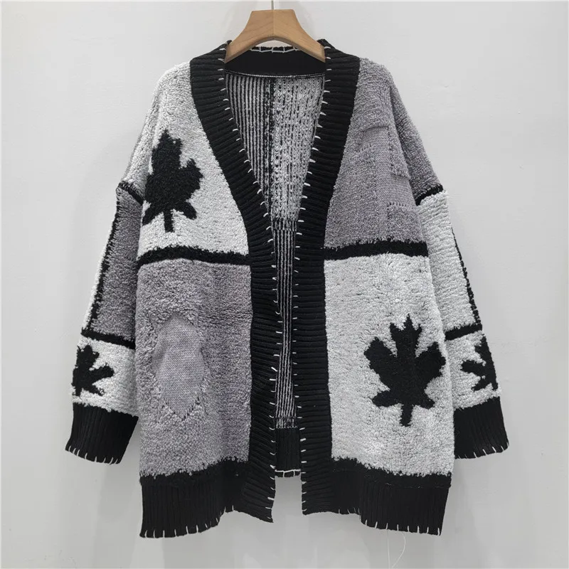 Women Spliced Cardigan Sweaters Knitted Jumpers Patchwork V Neck Long Sleeves Open Stitch Loose Casual 2025 Autumn Winter
