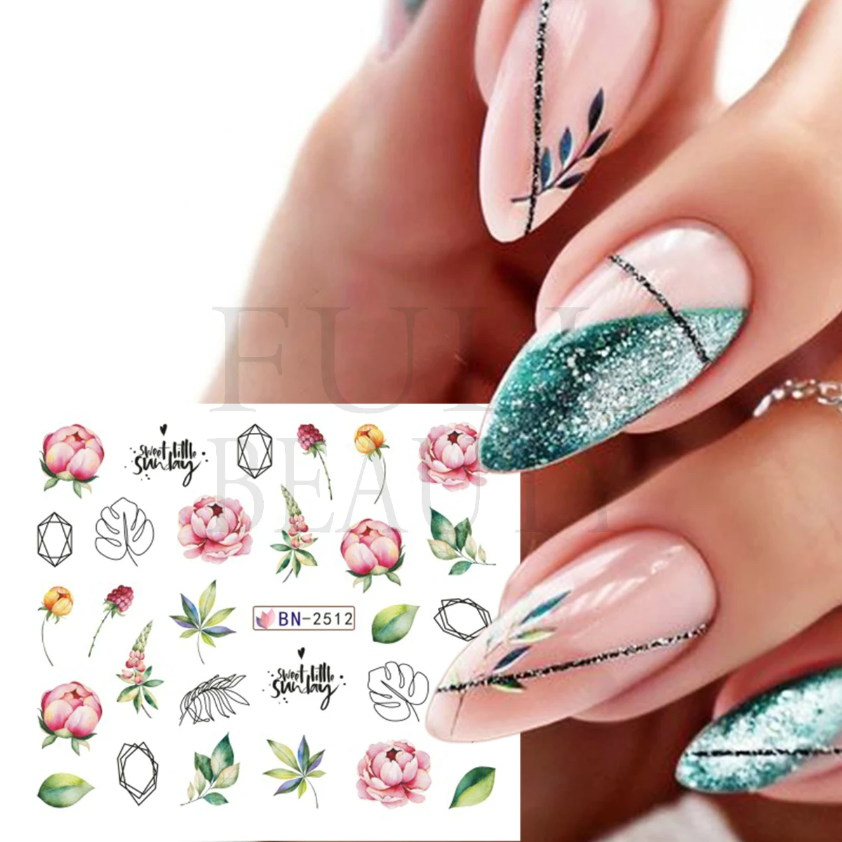 12pcs Pink Flowers Nail Stickers Spring Green Leaves Lavender Water Decal Sliders Geometry Line Nail Ar Decoration LEBN2509-2520