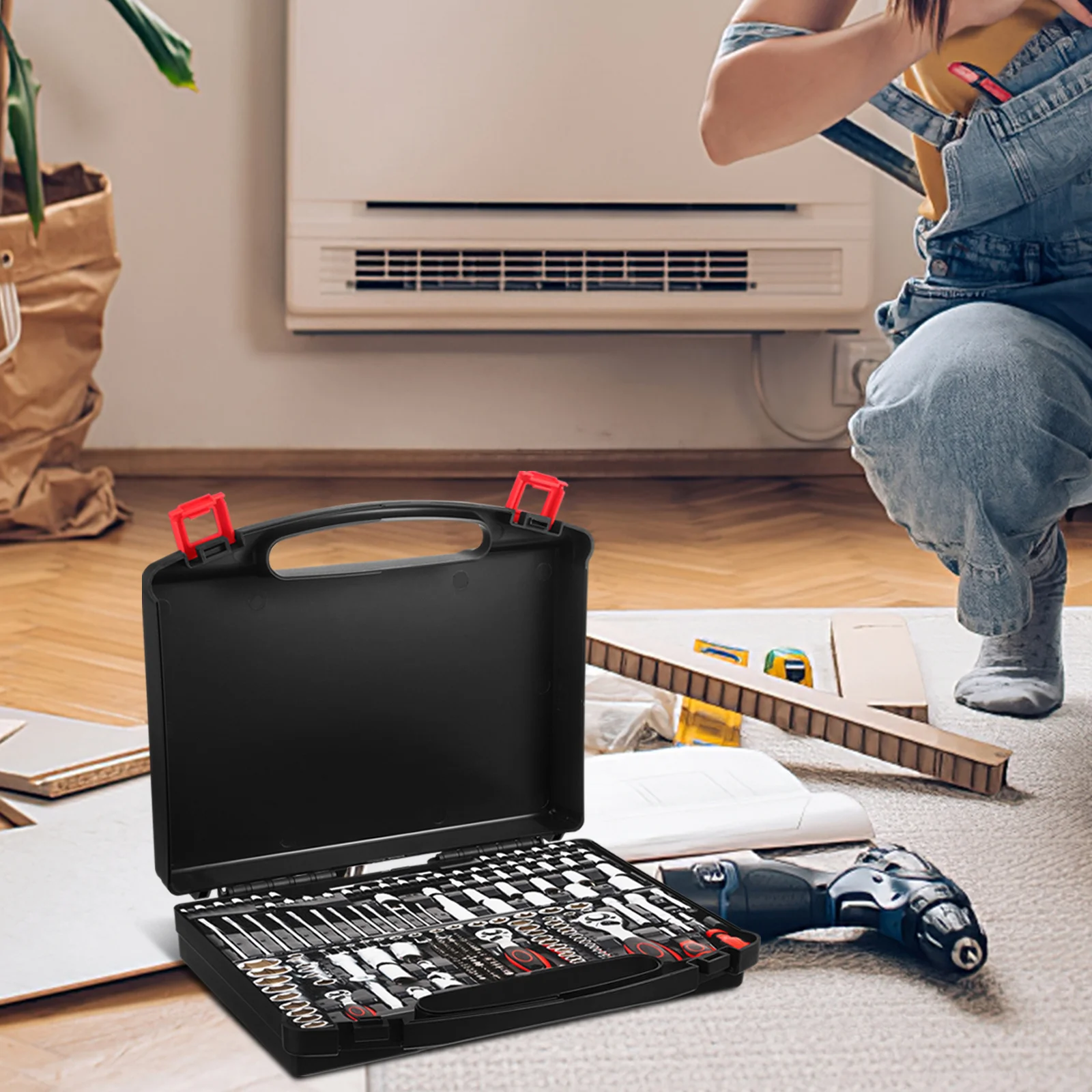 

Portable Tool Box Hard Carrying Case Plastic Toolbox with Ergonomic Handle Buckle Multi-Functional Tool Storage