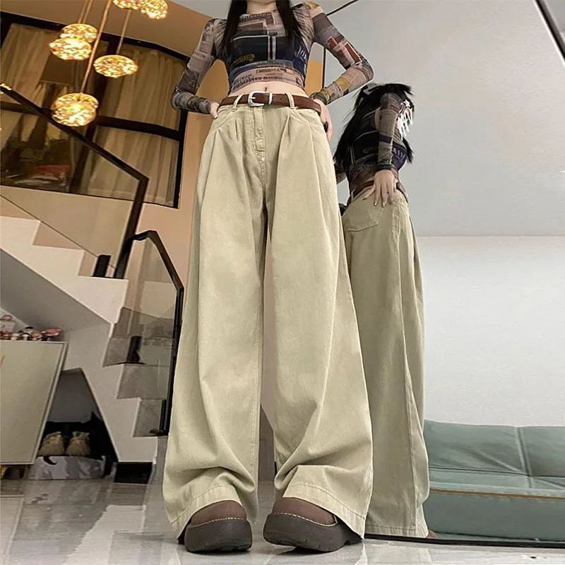 

Khaki High Waist Waist Wide Leg Jeans Casual Loose Simple High Street Straight Pants 2023 Autumn Winter Fashion Women Trousers