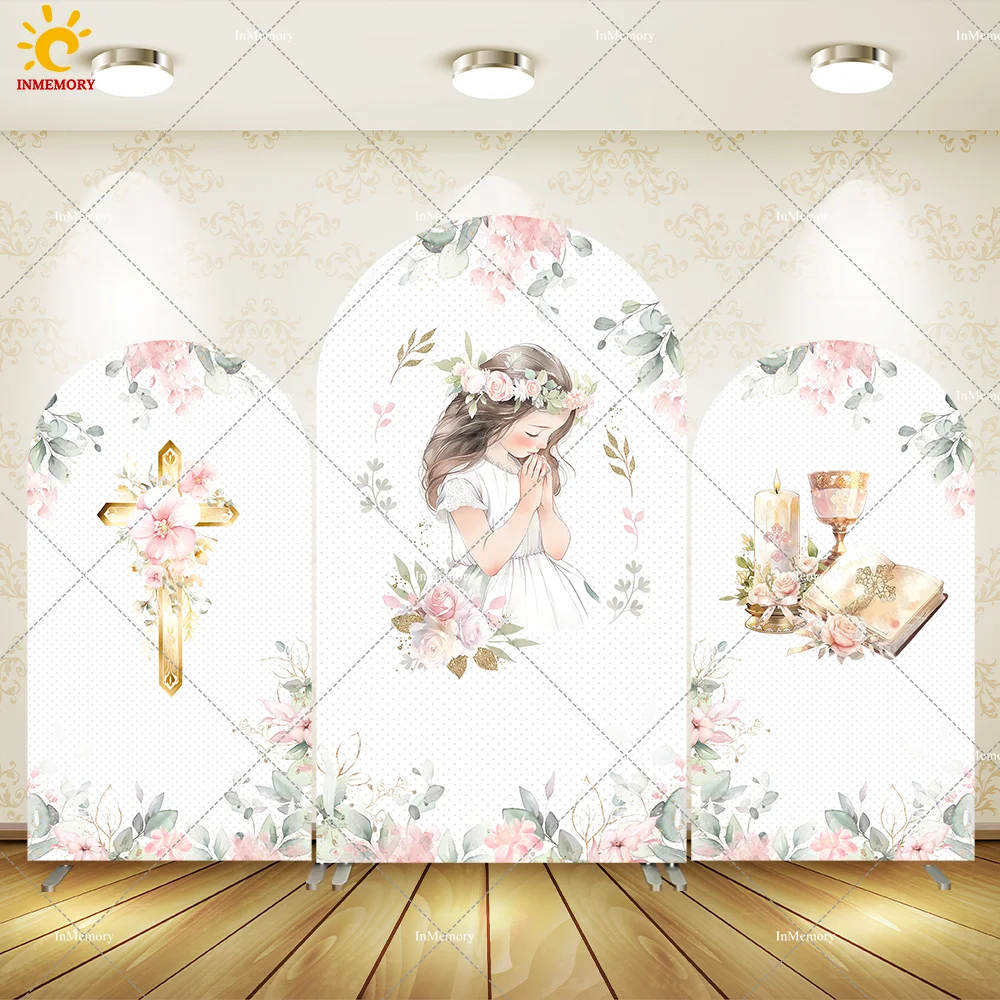

Girls Baptism Party Arch Backdrop Wall Flowers Cross God Bless Mi Bautizo Arched Wall Bible First Communion Party Background
