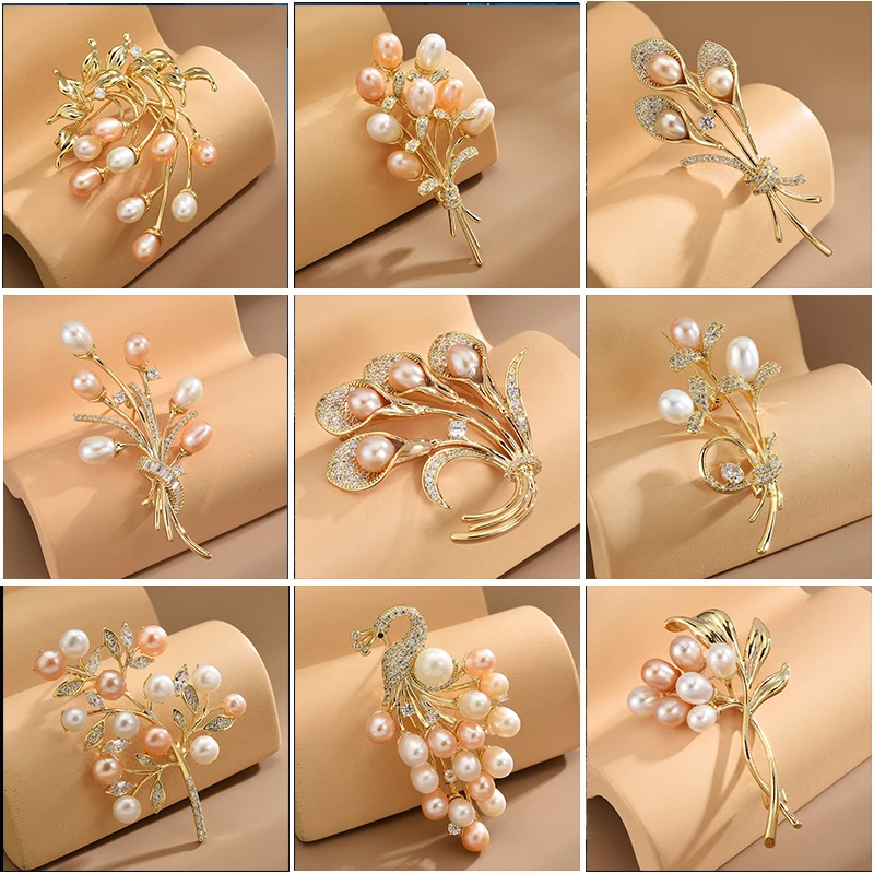 Fashionable Zircon Brooch Female Freshwater Pearl Bouquet Broochpins Elegant Natural Pearls Flower Suit Dress Women Accessories