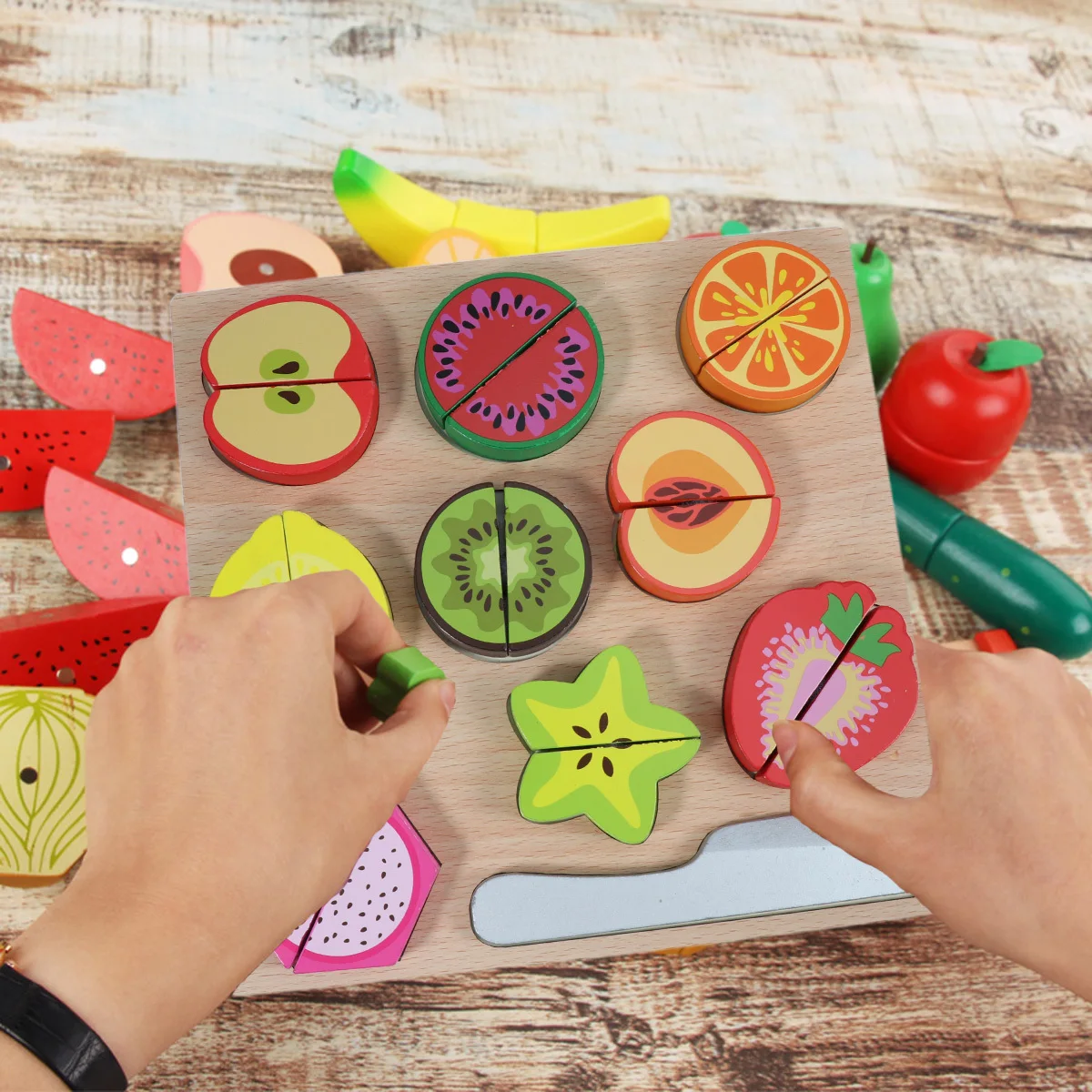 Conjunto de comida de madeira para crianças, corte realista de frutas e legumes, aprendizagem interativa, jogo de cozinha montessori