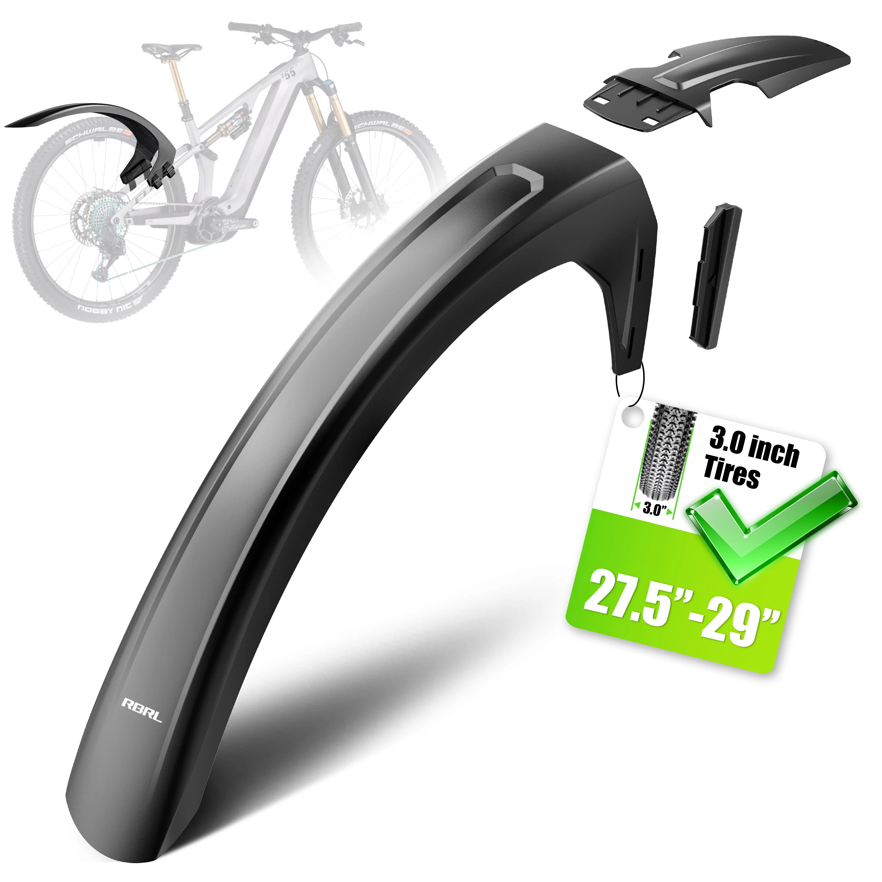 RBRL Fahrrad-Hinterradschutzblech für 27,5 28 29 Zoll MTB, erweitertes, breiteres, vollflächiges E-Bike-Schutzblech mit Schnellverschluss-Klettverschluss