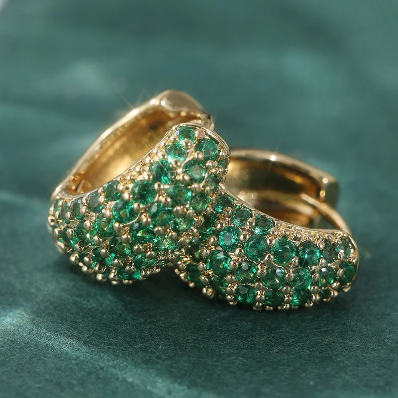 Trendige goldfarbene synthetische grüne Zirkon-Creolen für Damen, Vintage, exquisite, schlichte Ohrringe, Alltagsschmuck – Detail 4