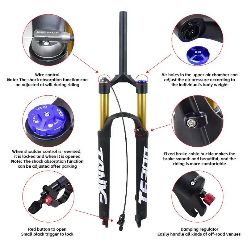 TANKE Bike Fork Rebound Adjustable MTB Air Front Suspension 26/27.5/29 Inch 120mm Travel Quick Release Fork Bicycle Accessories