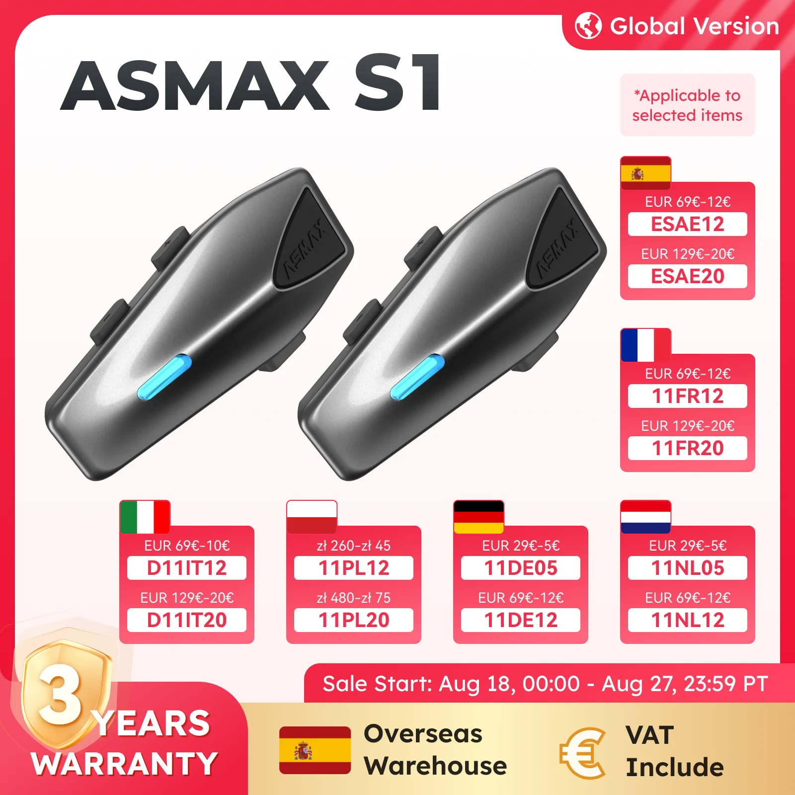 ASMAX S1 Bluetooth Motorcycle Intercom Global Mesh Group System 8 Riders Interphone Helmet Headset FM,Noise Cancellation, IPX7