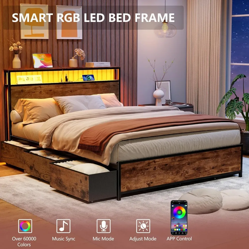 Queen Bed Frame with 2-Tier Storage Headboard & 6 Drawers | Platform Bed with Heavy Duty Slat Support, Charging Station & LED