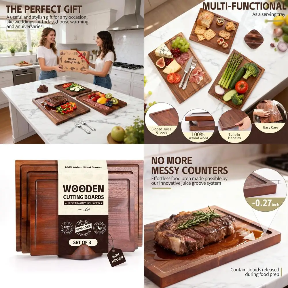 

Кухонные разделочные доски из орехового дерева Trio с держателем, большие и маленькие размеры, глубокие канавки для сока, нетоксичные сервировочные подносы, идеальная мама
