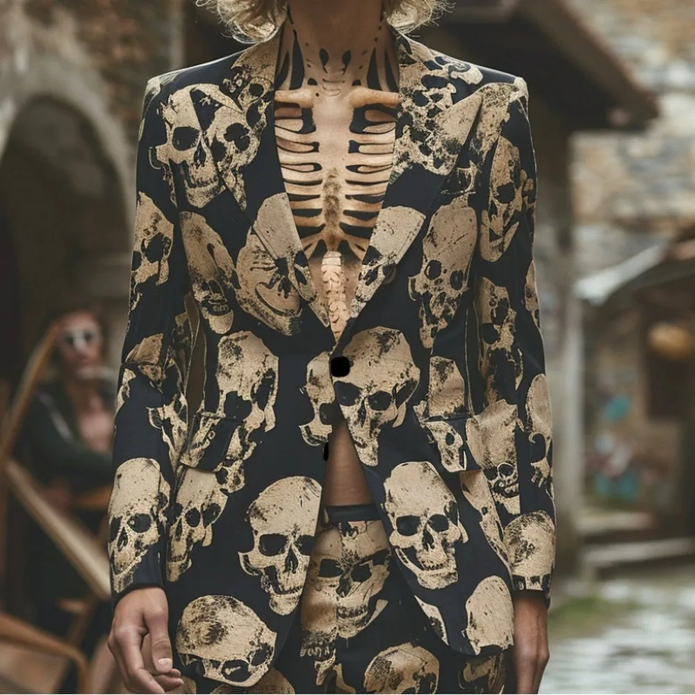 

3D Printed Crossbones Men Suit Party Prom Nightclub Halloween Performance Male Tuxedos Customized 2 Piece Set Jacket Pants