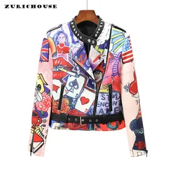 Patchwork Graffiti Print Leather Jacket Women Streetwear Punk Rock Runway Costume Motorcycle Jackets Jaqueta Feminina S-XXXL