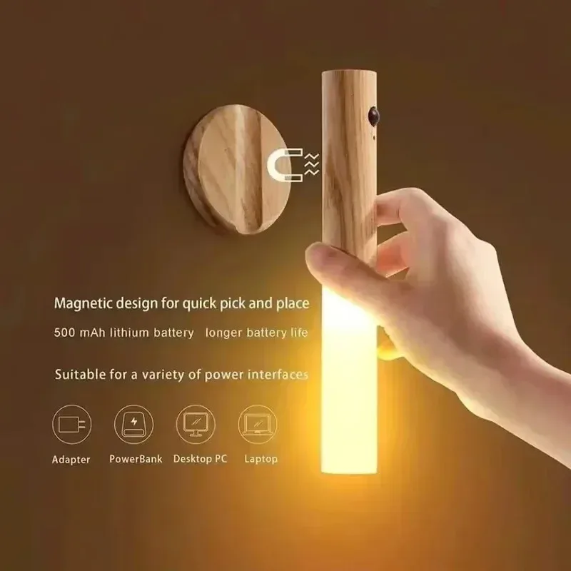 Luz noturna com sensor de movimento, luz noturna recarregável, luz de parede magnética, luz de parede de madeira para quarto, escadas