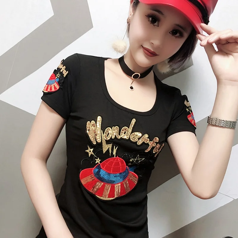 패셔너블한 여성용 티셔츠, 헤비 자수 슬림핏 코튼 베이스 티셔츠, 트렌디한 스트리트웨어, 라운드넥 탑