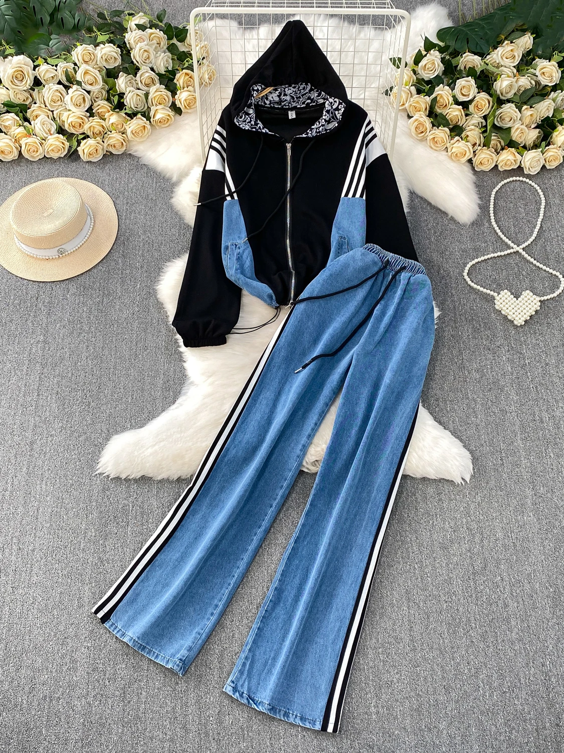 

Faionable Printed Hooded Slimming Denim Jaet High Waist Striped Wide Leg Pants Two Piece Set Casual Loose Fit Zipper Closure