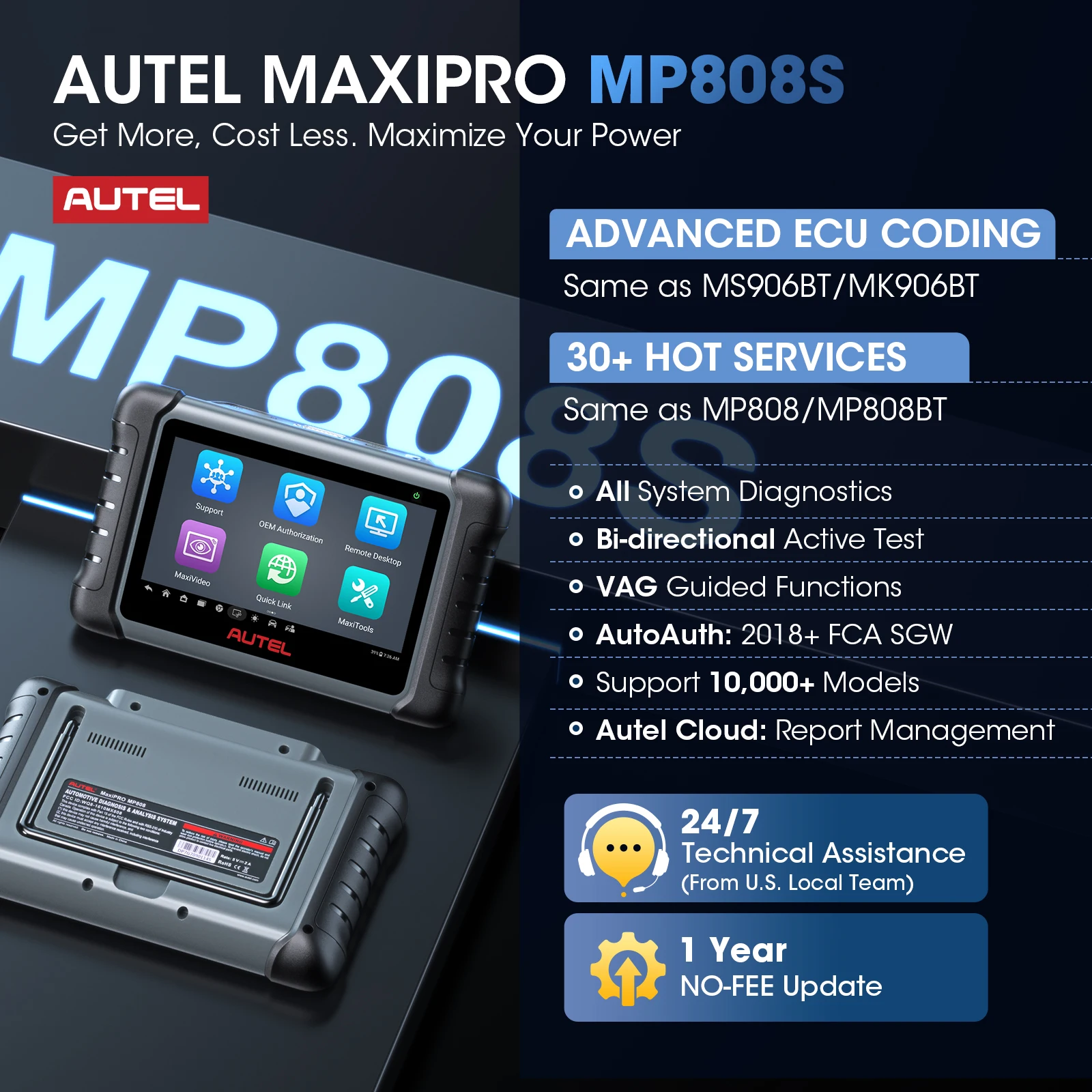 Autel MaxiPRO 양방향 스캔 진단 도구, 자동차 스캐너, ECU 코딩, PK MK808BT PRO, MP808S, OBD2