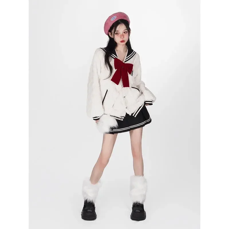 Harajuku Sweet Thicknecked Bow College Coat Woman Zip Up Hoodie Sailor Suit Plush Hoodies Women 2023 Streetwear Goth Y2k Clothes