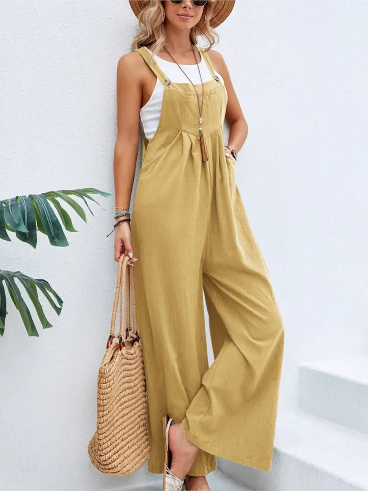 

2026 Summer Women Long Jumpsuit Solid Color Casual Loose Thin Size Sleeveless Straps Wide Leg Women's Suspender Loose Rompers