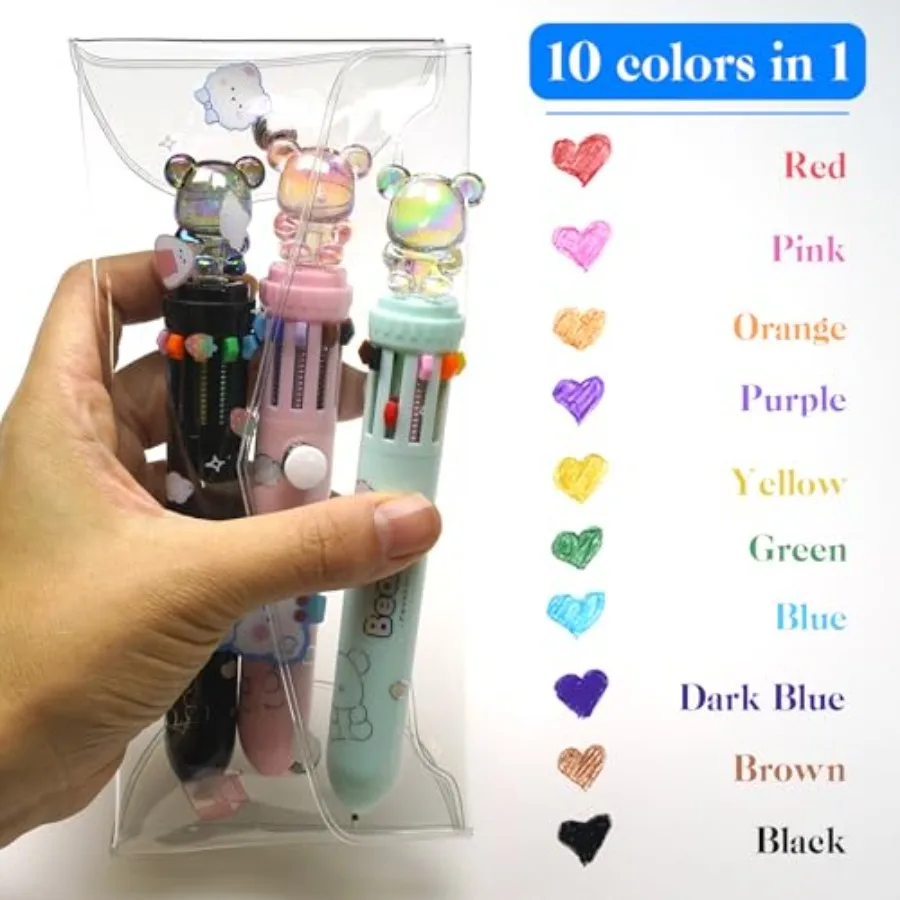 3 عبوات من أقلام متعددة الألوان الكل في واحد 0.7 مم 10 في 1 قلم حبر جاف متعدد مع حقيبة شفافة على شكل دب كريستالي لطيف مثالية لـ Stu