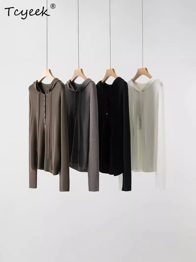 

Tcyeek, 100%Merino Wool, Women's Hooded Pullovers, Buttons, Commuting Casual Sweaters, 2024 Autumn Winter New Tops T49727QM