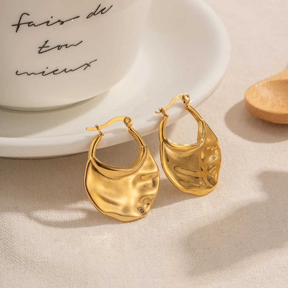 Metal Texture 18K Gold Plated Stainless Steel Earrings Mild Non-irritating Ladies Minimalist Chunky Vintage Jewelry Gift