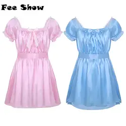 FEESHOW-vestido de dormir de manga corta para hombre, ropa de dormir con escote cuadrado, brillante, satén suave, diseño alto y bajo, lencería
