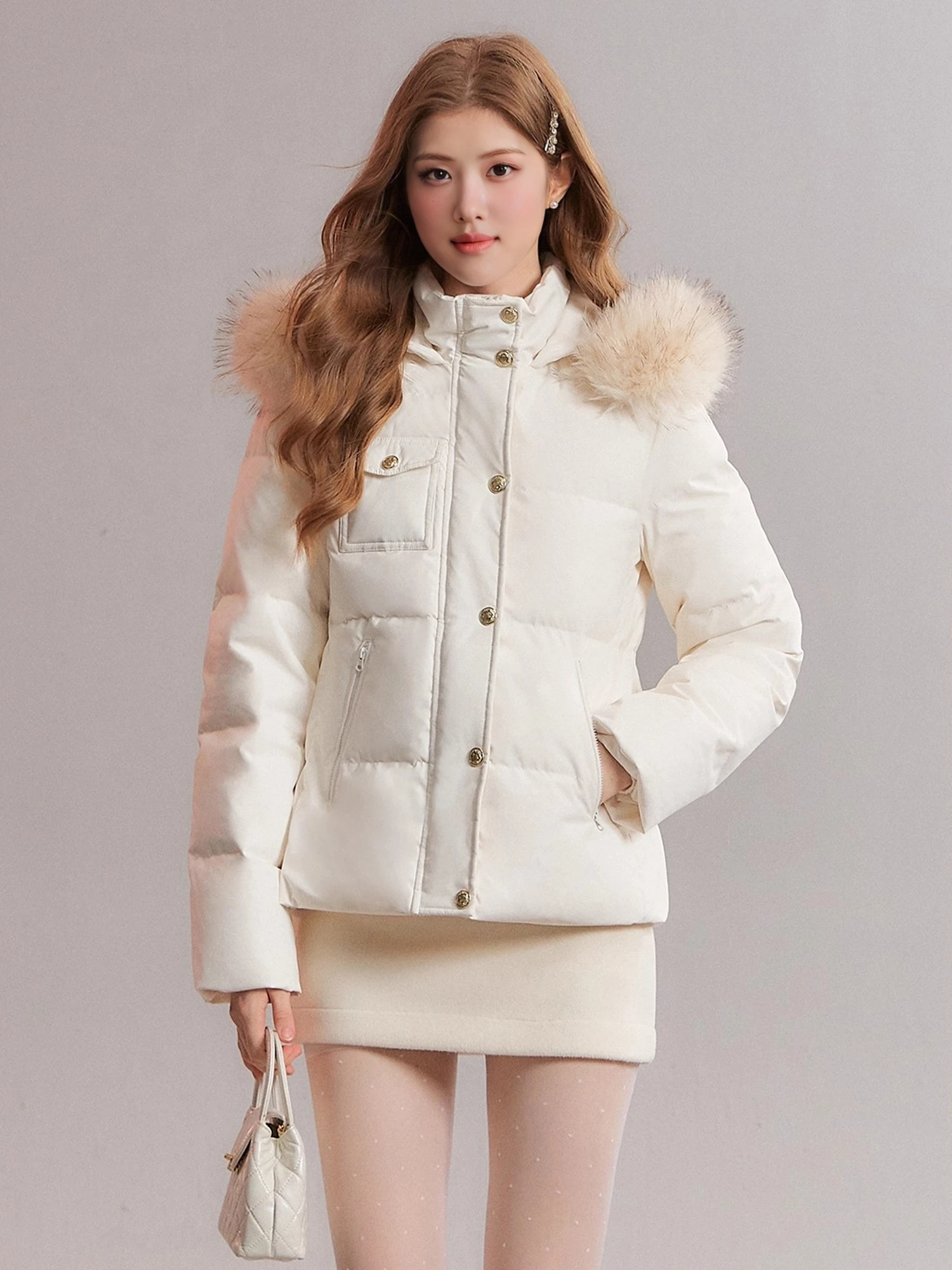 

Утягивающее белое пуховое пальто Jaet MOXI90 Thi, теплое пальто со съемным меховым воротником и капюшоном, зимняя верхняя одежда, женская мода