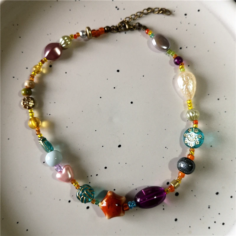 Vintage Colored Harajuku Beaded Star Sun Moon Heart Necklace Women Chinese Style Ethnic Handmade Jewelry Fashion Y2K Charm Gifts