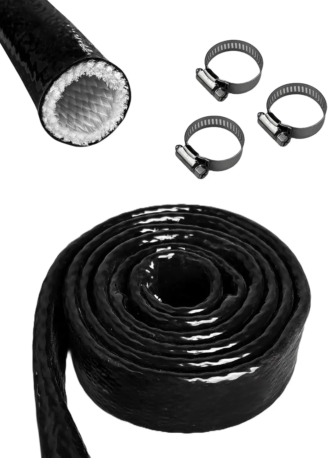 Manguito termoaislante ignífugo de 3/8" de diámetro interior (negro, 5 pies) | Protección térmica de fibra de vidrio recubierta de silicona con 3 abrazaderas para líneas de mangueras automotrices y cableado eléctrico