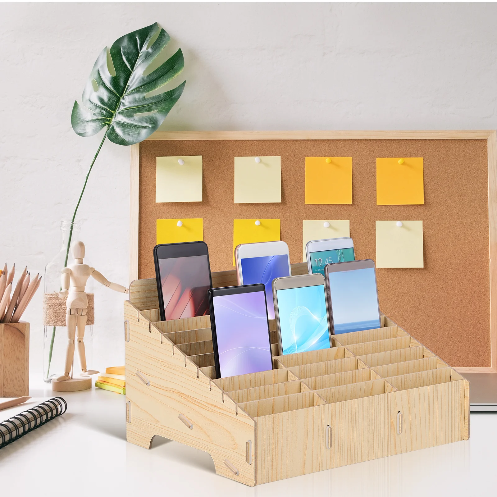 1pc Multi-Grid Classroom Phone Holder Box 30 Grids Wooden Mobile Phone Display Rack For Classroom Meeting Room Organizer