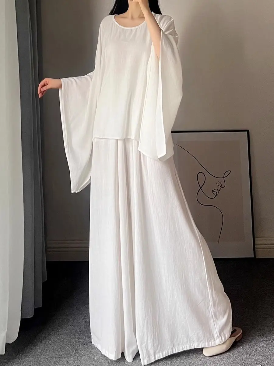 Cotton and Linen Round Neck Bat Long Shirt Swinging Wide-leg Pants Early Autumn Lazy Loose Top Casual Trousers Set