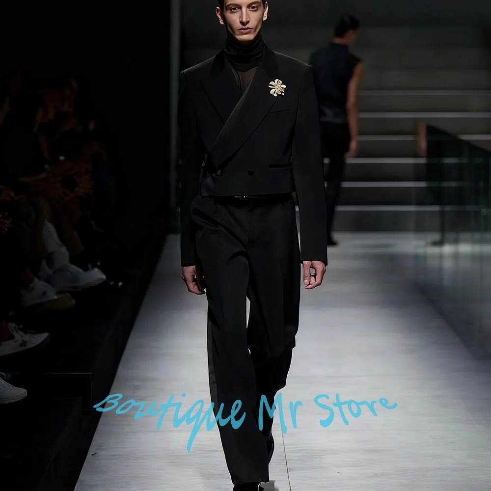 

Гламурные мужские черные трехбортные костюмы с остроконечными лацканами, короткий пиджак + брюки, комплекты из 2 предметов, формальный элегантный костюм для вечеринки