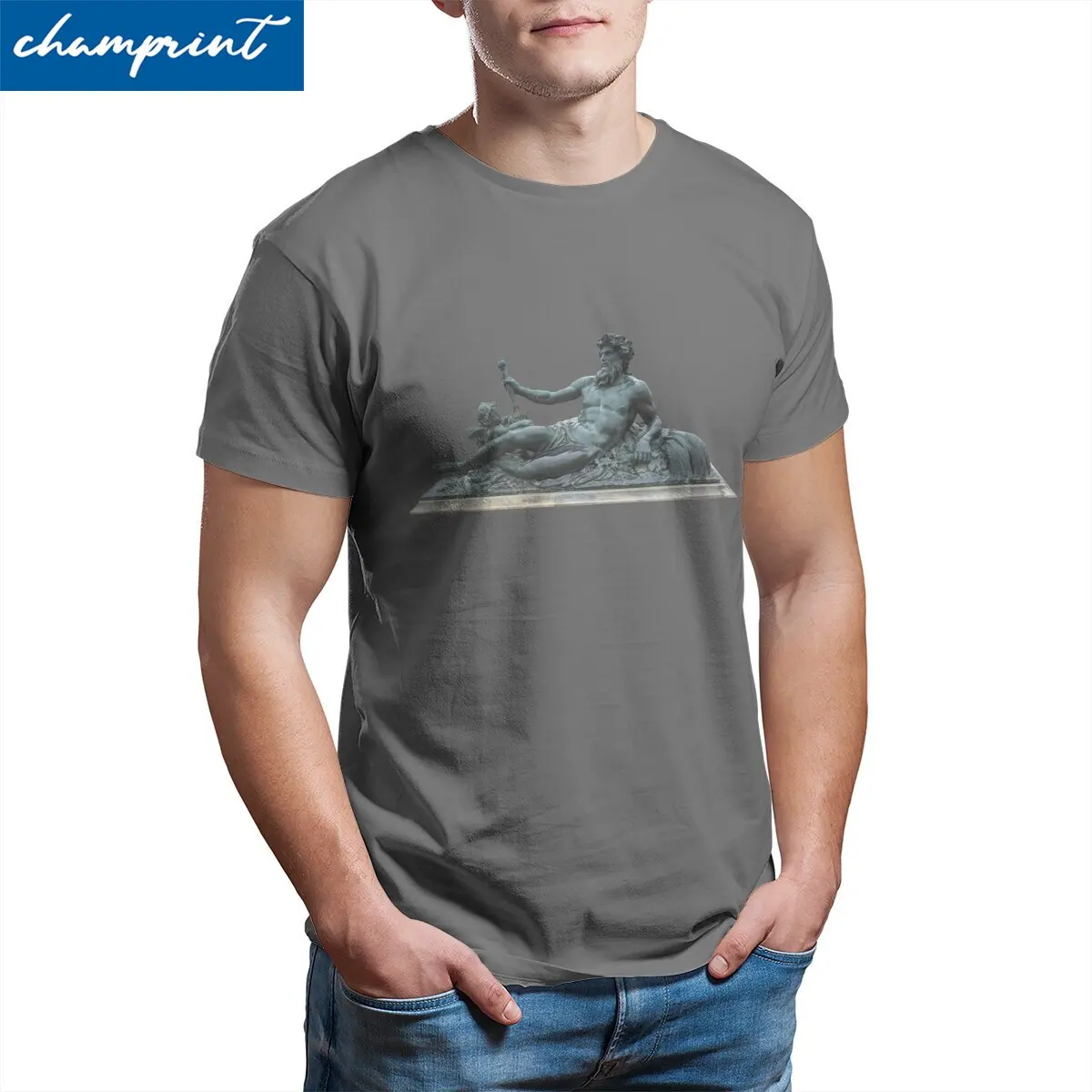 Men Zeus Sculpture T Shirts Palace of Versailles Blue Green 100% Cotton Clothing Funny Crew Neck Tee Shirt Plus Size T-Shirt