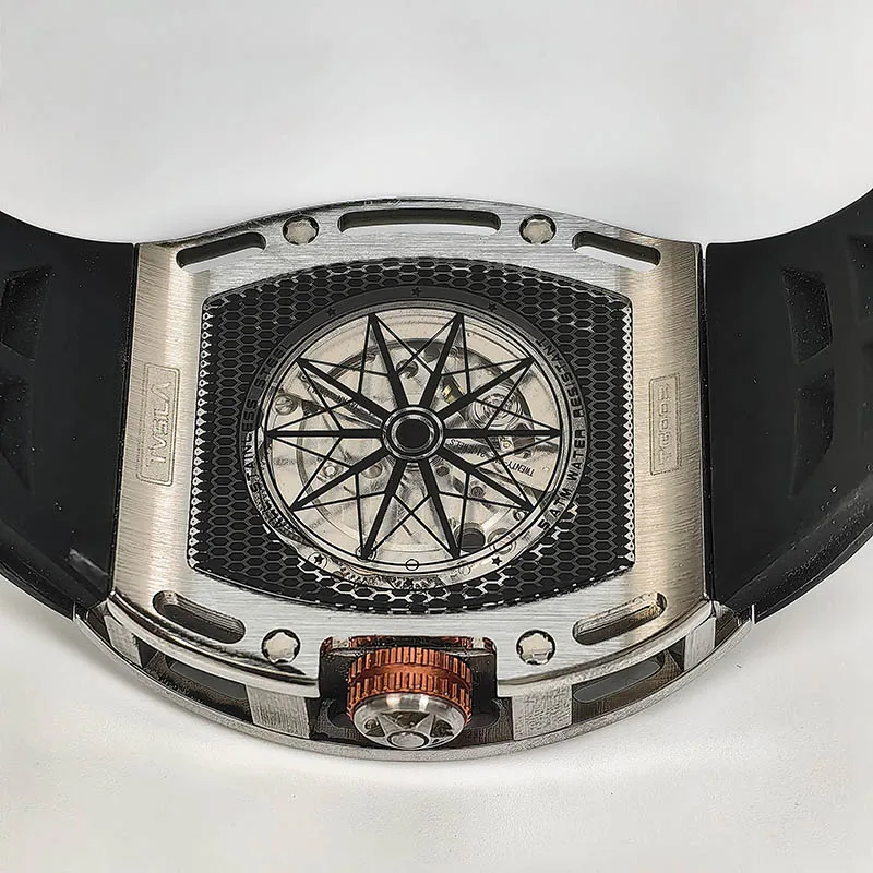 TVSILA Original Miyota Men's Automatic Mechanical Watch Stainless Steel Case Silicone Band Skeleton Waterproof Sport Wristwatch